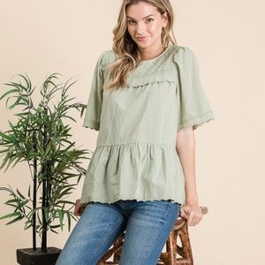 Sage Green Swiss Dotted Texture Cotton Scalloped Top with Lurex Woven Detail